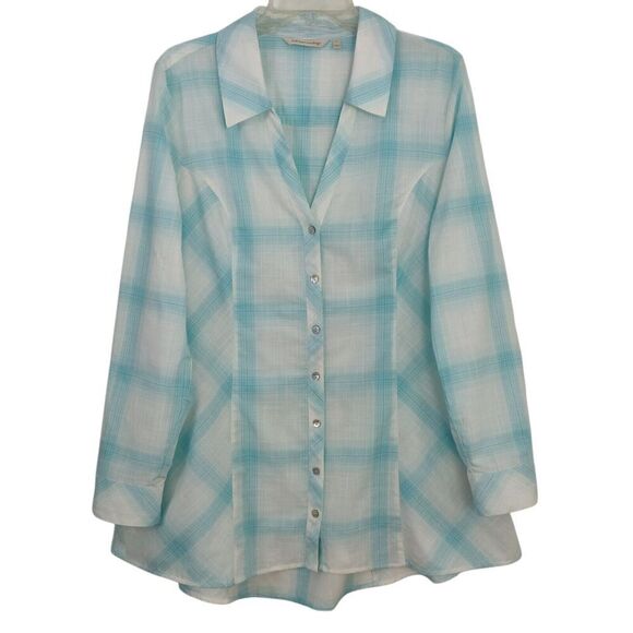 Soft Surroundings Parker Plaid Tunic Top Large Aqua Button Front Pockets Spring - Picture 2 of 8